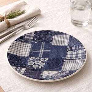 American Living Patchwork Denim Dinner Plates NWT Set of 2 Ironstone Americana
